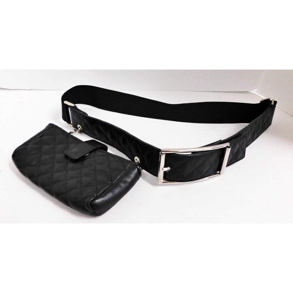 Suzi Roher Black Quilted Leather Stretch Fabric Waist Pouch Belt sz L